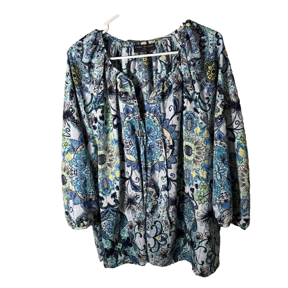 Lane Bryant Blouse Women's 18/20 V-Neck 3/4 Sleeve Striped Floral Artsy Top